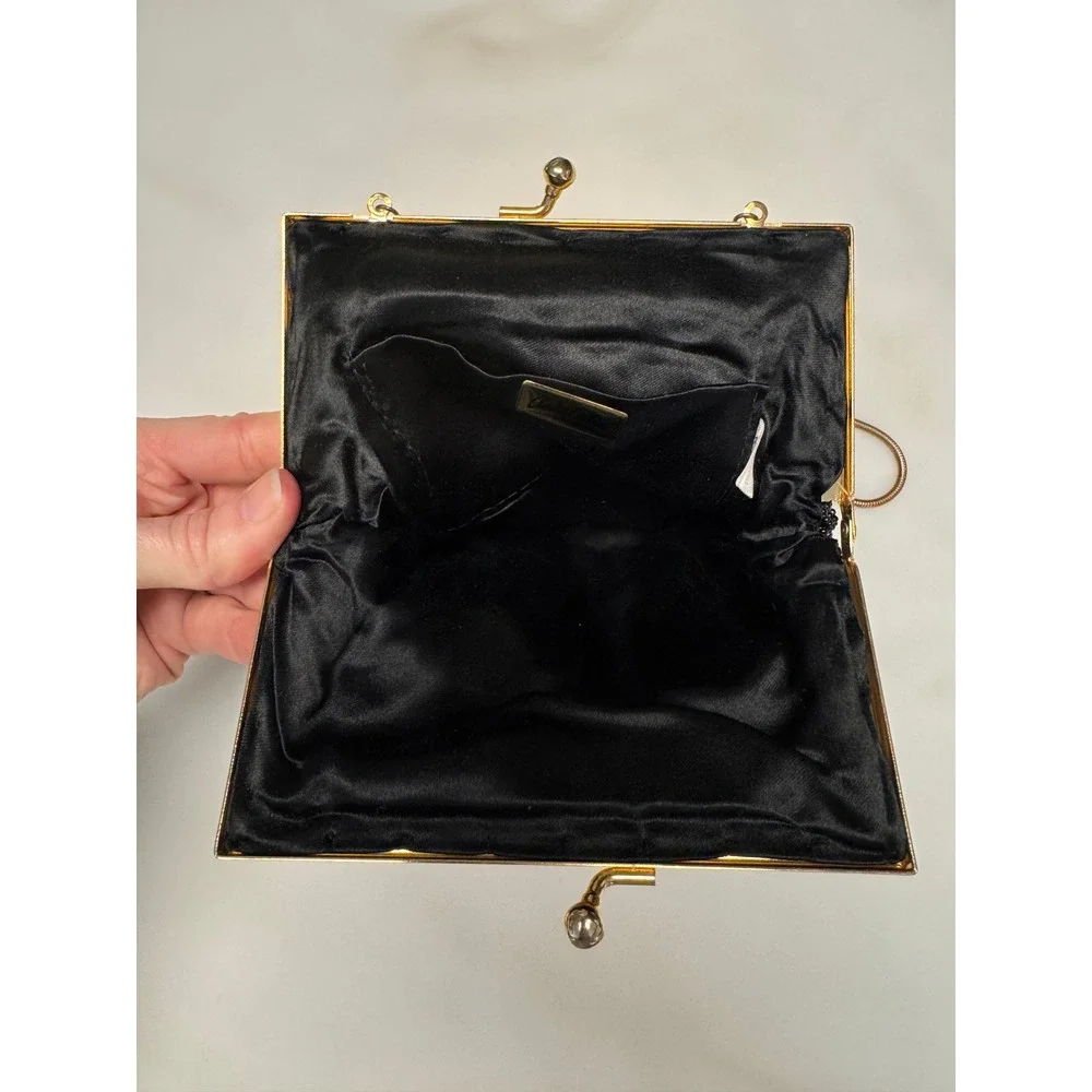 Andre Cellini Vintage Beaded Evening Bag Black Art Deco Gold Kiss‎ Lock Clutch